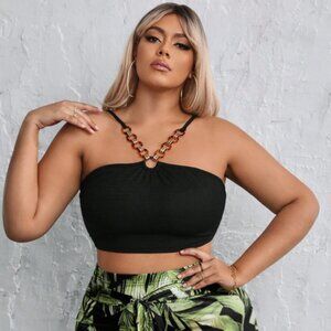 SHEIN Curve 1XL Tortoise Shell Chain Neck Black Gold Halter Crop Top Blouse
